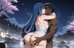 1boy1girl 1girl ai_generated ass ass_grab blue_hair boruto:_naruto_next_generations curvy curvy_female curvy_figure dark-skinned_male dark_skin eida kissing long_hair naruto naruto_shippuden night nude onsen towel two_tone_hair