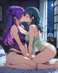 2_girls accurate_art_style alluring bed bedroom byleth_(fire_emblem) byleth_(fire_emblem)_(female) closed_eyes fire_emblem intelligent_systems kissing lingerie medium_breasts nintendo on_bed purple_hair shez_(fire_emblem) shez_(fire_emblem)_(female) teal_hair yuri yuriship.art