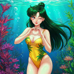 1girl adult_swim alluring athletic_female bikini bishoujo_senshi_sailor_moon bishoujo_senshi_sailor_moon_r bishoujo_senshi_sailor_moon_s bishoujo_senshi_sailor_moon_s_the_movie bishoujo_senshi_sailor_moon_supers bishoujo_senshi_sailor_moon_supers_the_movie cleavage crimson_eyes dark_green_hair heart_symbol medium_breasts one-piece_bikini setsuna_meiou stark-astrea toei_animation toonami underwater viz_media wink