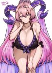 1girl adapted_costume alluring alternate_costume artist_name bare_arms bare_shoulders big_breasts bikini black_bikini blush cleavage collarbone commentary curled_horns english_commentary fire_emblem fire_emblem_heroes gluteal_fold hand_on_own_cheek hand_on_own_face high_ponytail high_res horns intelligent_systems leaning_forward long_hair looking_at_viewer mature_female multicolored_eyes multicolored_horns nerthuz_(fire_emblem) nintendo open_mouth pink_eyes pink_hair ponytail purple_horns rotomdocs simple_background swimsuit thighs tiara two-tone_eyes two-tone_horns white_background yellow_eyes yellow_horns