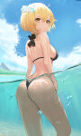 1girl amber_eyes ass back bangs beach bikini black_bikini blonde_hair breasts closed_mouth female female_focus female_only flower flower_in_hair fuenyuan genshin_impact hair_between_eyes hair_flower hair_ornament high_res long_legs looking_back lumine_(genshin_impact) medium_breasts outside partially_clothed partially_underwater_shot pose posing rear_view short_hair sideboob smile smug solo standing swimsuit tagme underwater wet