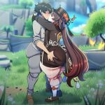 1boy 1girl ai_generated ass big_ass booty_shorts breasts genshin_impact hu_tao_(genshin_impact) huge_ass mihoyo