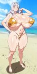 1girl 1girl areola_slip bare_shoulders beach big_breasts big_breasts curvy curvy_figure day female_only full_body hands_on_hips high_res high_res huge_breasts idolmaster idolmaster_(classic) impossible_swimsuit jabara_tornado light-skinned_female long_hair looking_at_viewer navel outside shijou_takane shiny_skin white_hair yellow_bikini