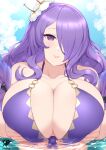 1girl 1girl absurd_res alluring artist_logo big_breasts bikini breast_hold camilla_(fire_emblem) camilla_(tropical_beauty)_(fire_emblem) cleavage fire_emblem fire_emblem_fates fire_emblem_heroes fire_emblem_warriors flower hair_flower hair_ornament hair_over_one_eye hibiscus high_res intelligent_systems kaos_art logo long_hair looking_at_viewer nintendo ocean official_alternate_costume partially_submerged purple_bikini purple_eyes purple_hair smile swimsuit upper_body water