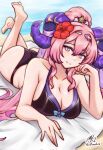 1girl alluring ass bare_shoulders barefoot beach_towel big_breasts bikini black_bikini cleavage closed_mouth collarbone commentary english_commentary feet_up fire_emblem fire_emblem_heroes flower goat_horns hair_between_eyes hair_flower hair_ornament high_ponytail high_res horns intelligent_systems long_hair looking_at_viewer lying nerthuz_(fire_emblem) nerthuz_(summer)_(fire_emblem) nintendo official_alternate_costume on_stomach pink_hair ponytail purple_eyes rotomdocs signature smile soles swimsuit the_pose toes towel twitter_username