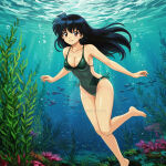 1girl adult_swim alluring bare_legs barefoot bikini black_hair brown_eyes inuyasha kagome_higurashi medium_breasts one-piece_bikini stark-astrea toei_animation toonami underwater viz_media