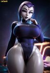 1girl 3d 3d_(artwork) abstract_background ai_generated big_breasts breasts cameltoe curvaceous curvy curvy_female curvy_figure dc_comics forehead_jewel goth goth_girl grey_body grey_skin high_res hourglass_figure leotard lipstick looking_at_viewer lucasai purple_eyes purple_hair rachel_roth raven_(dc) short_hair solo_female solo_focus standing teen_titans thick_thighs wide_hips