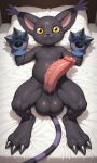 1girl 3_fingers 3_toes absurd_res ai_generated animal_genitalia balls bandai_namco bed big_balls big_ears big_penis black_body black_claws black_fur black_pawpads blackgatomon bodily_fluids claws cum cum_on_bed digimon digimon_(species) erection fangs feet felid feline feral finger_claws fingers fur furniture genital_fluids genital_slit genitals hair high_res huge_balls huge_penis leaking_precum long_hair looking_at_viewer lying male mammal on_back on_bed pawpads paws penile_spines penis pillow precum presenting presenting_penis semi-anthro slit smile smiling_at_viewer snout teeth toe_claws toes whiskers yellow_eyes yiff_ai_(director)