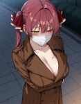 1girl ai_generated blush coat embarrassed exhibitionism face_mask heterochromia hololive hololive_japan houshou_marine humiliation humiliation_fetish light-skinned_female light_skin looking_away outside public_indecency public_nudity steam steamy_breath sweat sweatdrop underdog454545 virtual_youtuber vtuber