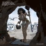 1girl areola areola_slip bare_arms bare_legs bare_shoulders barefoot big_breasts black_hair blue_eyes breasts broom brown_lipstick bucket carpet cave cavewoman cleavage collarbone curly_hair dark-skinned_female dark_skin day dinosaur door dress english_text feet female_focus female_only female_solo flook flook_(artist) flying holding holding_broom holding_bucket holding_object house indoors leaning leaning_forward legs legs_together lips lipstick long_hair looking_at_viewer maid makeup neck off-shoulder_dress off_shoulder open_mouth original original_character plant prehistoric prehistoric_species pterodactyl round_teeth short_dress smile solo_focus standing stone_age stone_house talking teeth text thighs upper_teeth upper_teeth_only wooden_bucket yellow_dress