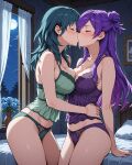 2girls accurate_art_style alluring bed bedroom byleth_(fire_emblem) byleth_(fire_emblem)_(female) closed_eyes fire_emblem intelligent_systems kissing lingerie medium_breasts nintendo purple_hair shez_(fire_emblem) shez_(fire_emblem)_(female) teal_hair yuri yuriship.art