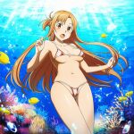 1girl alluring asuna_(sao) auburn_eyes auburn_hair bikini blonde_hair blue_eyes fish goldhopper pin_up swimming sword_art_online underboob underwater