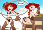 aeolus athletic athletic_female bikini blue_background clothed_female cow_print_bikini cowboy_hat disney doll green_eyes grin humanoid jessie_(toy_story) living_doll living_toy looking_at_viewer pixar ponytail red_hair red_hat seductive_body seductive_female seductive_smile sexy_female smile smiling_at_viewer toy_story toy_story_2