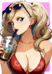 1girl 1girl absurd_res alluring ann_takamaki atlus big_breasts bikini blonde_hair blue_eyes cleavage collarbone commentary cup disposable_cup drinking drinking_straw earrings english_commentary eyeliner eyewear_on_head gravydood high_res holding holding_cup jewelry makeup morgana_(persona_5) persona persona_5 red_bikini red_eyeliner red_lips red_nails sega sunglasses swimsuit twin_tails upper_body