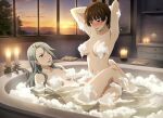 2_girls alluring atlus bath bathroom blush braided_hair brown_hair bubbles candles convenient_censoring covered_nipples grey_hair hairclip hands_behind_head incest lap_sitting makoto_niijima navel nightcore_(artist) persona persona_5 red_eyes riding sae_niijima scissoring sega silf silfs sister sister_and_sister sisters suds sunset teen tribadism yuri