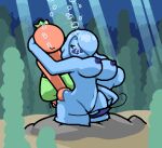 1boy 1girl asphyxiation bikini_bottom blue_body blue_hair bubbles drowning female male nude original seabed squeezing_butt stripping stuck tara_(zxtomatofan) tomato_(okami_tomato) underwater zxtomatofan