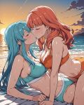2_girls accurate_art_style alluring beach bikini celica_(fire_emblem) closed_eyes eirika_(fire_emblem) fire_emblem fire_emblem:_the_sacred_stones fire_emblem_echoes:_shadows_of_valentia fire_emblem_warriors intelligent_systems kissing medium_breasts ocean sunset yuriship.art