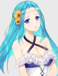 1girl 1girl alluring aqua_hair bare_shoulders blue_eyes cleavage criss-cross_halter female_focus fiora_(fire_emblem) fiora_(summer)_(fire_emblem) fire_emblem fire_emblem:_the_blazing_blade flower hair_flower hair_ornament halterneck headband hibiscus intelligent_systems jurge looking_at_viewer medium_breasts nintendo serious simple_background swimsuit
