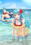 1boy 1girl :d aqua_eyes aqua_hair beach bikini blue_sky bracelet brother_and_sister cleavage eating eirika_(fire_emblem) eirika_(summer)_(fire_emblem) ephraim_(fire_emblem) ephraim_(summer)_(fire_emblem) fire_emblem fire_emblem:_the_sacred_stones fire_emblem_heroes flower flower_necklace food hair_flower hair_ornament high_res holding holding_food holding_popsicle innertube intelligent_systems jewelry kneel kousetu0506 long_hair looking_at_viewer medium_breasts navel necklace nintendo official_alternate_costume open_mouth partially_submerged popsicle red_flower short_hair siblings sidelocks silf sky smile swim_ring swimsuit teeth topless_male twins water