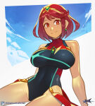 1girl 1girl bare_shoulders big_breasts black_one-piece_bikini chest_jewel cowboy_shot earrings jewelry one-piece_swimsuit orlek pyra_(xenoblade) red_eyes red_hair red_one-piece_bikini short_hair smile swimsuit tiara xenoblade_(series) xenoblade_chronicles_2