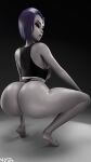 1girl 1girls 3d 3d_(artwork) ass bare_ass bare_legs bare_thighs big_ass big_breasts black_lipstick breasts bubble_ass bubble_butt clothed dc_comics female_only goth goth_girl grey_skin nyes117 older older_female purple_hair rachel_roth raven_(dc) small_waist squatting tattoo teen_titans tramp_stamp voluptuous young_adult young_adult_female young_adult_woman