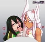1girl :>= angry angry_dragon angry_fellatio dark-skinned_female dark_skin darkminou fellatio fellatio fellatio_pov glaring green-haired_female green_hair hero_outfit_(mha) katsuki_bakugou light-skinned_female light_skin long_tongue looking_at_viewer male miruko my_hero_academia pale-skinned_female pale_skin penis pov rabbit_ears rumi_usagiyama sucking sucking_penis threesome tonguejob tsuyu_asui white-haired_female white_hair