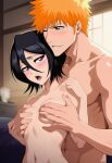 black_hair bleach groping_from_behind height_difference ichigo_kurosaki ichiruki naked, novelai orange_hair romantic_couple rukia_kuchiki small_breasts wholesome_sex