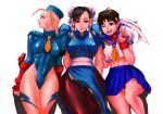 3_girls black_hair blonde_hair blue_eyes braid brown_eyes brown_hair brown_legwear buruma cammy_white capcom china_dress chinese_clothes chun-li double_bun earrings fingerless_gloves garrison_cap gloves hat high_res hips jewelry kasugano_sakura leotard long_hair looking_at_viewer looking_away midriff multiple_girls navel neck_tie pantyhose scar school_uniform serafuku solid_air street_fighter thigh_gap thighs thong_leotard wide_hips wink