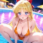 1girl accurate_art_style adult_swim alluring ass big_breasts bikini bishoujo_senshi_sailor_moon bishoujo_senshi_sailor_moon_r bishoujo_senshi_sailor_moon_r_the_movie bishoujo_senshi_sailor_moon_s bishoujo_senshi_sailor_moon_s_the_movie bishoujo_senshi_sailor_moon_supers bishoujo_senshi_sailor_moon_supers_the_movie blonde_hair blue_eyes cleavage funzone_(artist) minako_aino posing squatting swimming_pool toei_animation toonami viz_media