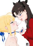 2_girls after_kiss ahoge aqua_eyes arm_at_side artoria_pendragon artoria_pendragon_(fate) bangs black_ribbon blonde_female blonde_hair blue_eyes blue_ribbon breasts brown_hair clothed clothed_female clothed_female_nude_female collarbone couple dark_brown_hair duo eye_contact eyebrows_visible_through_hair fate/stay_night fate_(series) female/female female_only femdom femsub girl_on_top hair_ribbon half-closed_eyes hanamuko_(hana_muko) hand_up head_back head_down leash lezdom long_hair long_sleeves looking_at_another looking_down looking_up love multiple_girls mutual_yuri neck nude nude_female open_mouth parted_bangs red_sweater ribbon rin_tohsaka romantic romantic_couple round_teeth saber saliva saliva_trail short_hair simple_background slave small_breasts smile straight_hair sweat sweater sweating teeth tied_hair tohsaka_rin tongue tongue_out turtleneck turtleneck_sweater two_side_up type-moon upper_body upper_teeth upper_teeth_only white_background yuri