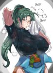 1girl 2d 2d_(artwork) absurd_res big_breasts breasts clothed clothing female_focus female_only fire_emblem fire_emblem_heroes grayside green_eyes green_hair high_res huge_breasts light-skinned_female light_skin lyn_(fire_emblem) lyndis_(fire_emblem) nintendo ponytail steam steaming_body sweat sweatdrop sweating thighs towel wide_hips