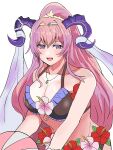 1girl 1girl :d alluring bare_shoulders big_breasts bikini black_bikini cleavage fire_emblem fire_emblem_heroes goat_horns hair_between_eyes high_res horns intelligent_systems jewelry long_hair looking_at_viewer necklace nerthuz_(fire_emblem) nerthuz_(summer)_(fire_emblem) nintendo official_alternate_costume open_mouth pink_hair ponytail purple_eyes rem_(eyes_410) smile swimsuit upper_body very_long_hair white_background