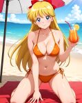 1girl adult_swim alluring beach beach_umbrella big_breasts bikini bishoujo_senshi_sailor_moon bishoujo_senshi_sailor_moon_r bishoujo_senshi_sailor_moon_r_the_movie bishoujo_senshi_sailor_moon_s bishoujo_senshi_sailor_moon_s_the_movie bishoujo_senshi_sailor_moon_supers bishoujo_senshi_sailor_moon_supers_the_movie blonde_hair blue_eyes blue_sky cleavage holding_glass minako_aino ocean orange_juice thedaeron toei_animation toonami viz_media