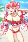 1girl 1girl alluring alternate_costume anisdrawn beach bikini female_only fire_emblem fire_emblem:_three_houses fire_emblem_heroes hilda_valentine_goneril hilda_valentine_goneril_(summer) intelligent_systems light-skinned_female light_skin nintendo ocean official_alternate_costume outside pink_bikini pink_hair pink_swimsuit solo_female swimsuit v v_over_eye