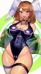 1girl alluring bare_shoulders big_breasts black_choker black_one-piece_bikini blue_eyes breast_tattoo brown_hair cameltoe choker commentary competition_swimsuit covered_navel eunie_(xenoblade) head_wings high_res highleg highleg_one-piece_bikini impossible_clothes impossible_swimsuit jacket looking_at_viewer medium_hair one-piece_bikini open_mouth r123 simple_background smile swimsuit tattoo thigh_strap uneven_eyes white_wings wings xenoblade_(series) xenoblade_chronicles_3