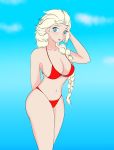 1_girl 1girl bikini blonde blonde_hair blue_eyes braid braided_hair breasts elsa elsa_(frozen) female female_only frozen_(movie) long_blonde_hair long_braid long_hair looking_at_viewer mostly_nude red_bikini royalty single_braid solo