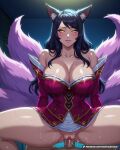 1boy 1girl 1girl ahri_(league_of_legends) animal_ears animal_tail bare_shoulders big_breasts black_hair blush breasts cleavage closed_mouth clothed_sex clothing collarbone cowgirl_position detached_sleeves dress facial_mark fox_ears fox_girl fox_tail girl_on_top hetero indoors kitsune korean_clothes league_of_legends lips long_hair looking_at_viewer male multiple_tails on_top patreon_username penis pussy pussy_juice sex slit_pupils solo_focus spread_legs squatting_cowgirl_position straddling sweat tail thighs vaginal waifuai_studio whisker_markings yellow_eyes
