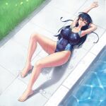 1girl absurd_res alluring big_breasts blue_hair high_res igawa_asagi one-piece_bikini swimming_pool swimsuit taimanin_(series) taimanin_asagi warmcummies