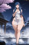1girl ai_generated blue_hair boruto:_naruto_next_generations curvy curvy_female curvy_figure eida long_hair naruto naruto_shippuden night nude onsen towel two_tone_hair