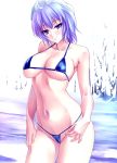  1girl bikini blue_eyes blue_hair breasts curvy female hat highres kinntarou letty_whiterock micro_bikini navel short_hair skindentation smile solo string_bikini swimsuit touhou 