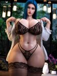 1girl big_breasts blue_eyes blue_hair bubble_butt caitlyn caitlyn_(league_of_legends) caitlyn_kiramman cleavage horny inviting_to_sex league_of_legends looking_at_viewer nixmare nixmare_(artist) pose standing stockings teasing thick_thighs undressing