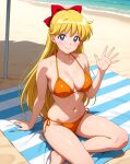 1girl adult_swim alluring beach beach_umbrella big_breasts bishoujo_senshi_sailor_moon bishoujo_senshi_sailor_moon_r bishoujo_senshi_sailor_moon_r_the_movie bishoujo_senshi_sailor_moon_s bishoujo_senshi_sailor_moon_s_the_movie bishoujo_senshi_sailor_moon_supers bishoujo_senshi_sailor_moon_supers_the_movie blonde_hair blue_eyes cleavage minako_aino ocean on_beach_towel pin_up thedaeron toei_animation toonami viz_media