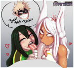 1boy 1girl 2_girls dark-skinned_female dark_skin darkminou english_text fellatio fellatio green-haired_female green_hair hero_outfit_(mha) katsuki_bakugou light-skinned_female light_skin long_tongue male miruko my_hero_academia pale-skinned_female pale_skin penis rumi_usagiyama sucking sucking_penis threesome tonguejob tsuyu_asui white-haired_female white_hair