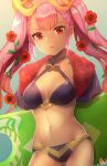 1girl alluring bikini dark-skinned_female dark_skin female_focus fire_emblem fire_emblem_heroes flower hair_flower hair_ornament intelligent_systems jurge laevatein_(fire_emblem) laevatein_(summer)_(fire_emblem) long_hair medium_breasts navel nintendo parted_lips pink_hair plant red_eyes simple_background surfboard swimsuit twin_tails vines