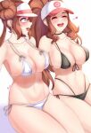 1girl 2_girls :d ^_^ alluring anisdrawn bare_shoulders baseball_cap big_breasts bikini black_bikini black_choker blue_eyes brown_hair choker closed_eyes collarbone curvy_figure double_bun game_freak hair_bun hair_ribbon hat heart hilda hilda_(pokemon) long_hair micro_bikini multiple_females multiple_girls navel nintendo open_mouth pokemon pokemon_(game) pokemon_bw pokemon_bw2 ponytail rosa rosa_(pokemon) side-tie_bikini_bottom simple_background smile stomach swimsuit thick_thighs thighs tight_clothes very_long_hair visor_cap white_background white_bikini wide_hips