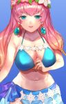 1girl 1girl alluring big_breasts bikini blonde_hair blue_background blue_eyes cleavage earrings female_focus fire_emblem fire_emblem_heroes gradient_hair gunnthra_(fire_emblem) gunnthra_(summer)_(fire_emblem) head_wreath intelligent_systems jewelry jurge long_hair multicolored_hair navel nintendo parted_lips pink_hair sarong simple_background swimsuit