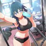 1girl after_workout alluring athletic_female big_breasts byleth_(fire_emblem) byleth_(fire_emblem)_(female) cleavage fire_emblem fire_emblem:_three_houses gym_equipment holding_phone intelligent_systems nicado nintendo post_sex selfpic short_gym_shorts sports_bra teal_eyes teal_hair