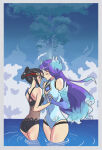 2_girls alluring ass bare_shoulders big_breasts black_hair black_one-piece_bikini blue_fire blue_one-piece_bikini blush breasts brighid_(water_lily)_(xenoblade) brighid_(xenoblade) casual_one-piece_swimsuit cleavage closed_eyes cloud commentary covered_navel curvy elbow_gloves english_commentary fiery_hair fingerless_gloves fire folded_ponytail gloves highleg highleg_leotard highleg_one-piece_bikini itsjarrrd leotard long_hair morag_ladair_(obligatory_leave)_(xenoblade) morag_ladair_(xenoblade) multiple_girls one-piece_bikini purple_hair signature small_breasts swimsuit thighs very_long_hair visor_cap water white_gloves xenoblade_(series) xenoblade_chronicles_2 yuri
