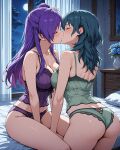2_girls accurate_art_style alluring bed bedroom byleth_(fire_emblem) byleth_(fire_emblem)_(female) closed_eyes fire_emblem intelligent_systems kissing lingerie medium_breasts nintendo purple_hair shez_(fire_emblem) shez_(fire_emblem)_(female) teal_hair yuri yuriship.art