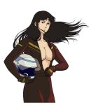 1girl big_breasts biker_clothes biker_suit black_eyes black_hair bodysuit breasts brown_bodysuit brown_gloves cat's_eye cleavage closed_mouth collarbone expressionless female_only female_solo floating_hair gloves helmet helmet_removed holding holding_helmet kisugi_hitomi long_hair looking_to_the_side medium_breasts neck open_bodysuit open_clothes simple_background standing straight_hair white_background